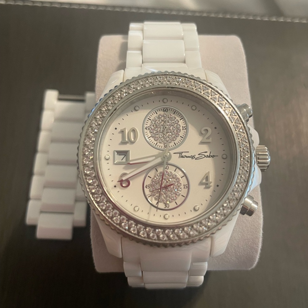 Thomas Sabo White Ceramic and Silver Crystal Watch